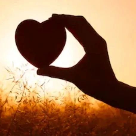 Silhouette of hand holding heart at sunset