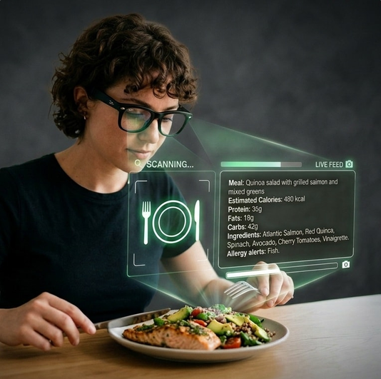 Person wearing smart glasses with AI scanning overlay identifying a meal